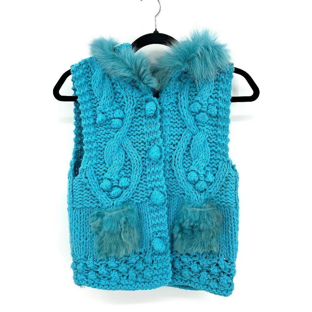 ALBERTO MAKALI Vintage Blue Crochet Knit Rabbit Fur Lined Hooded Vest Medium
